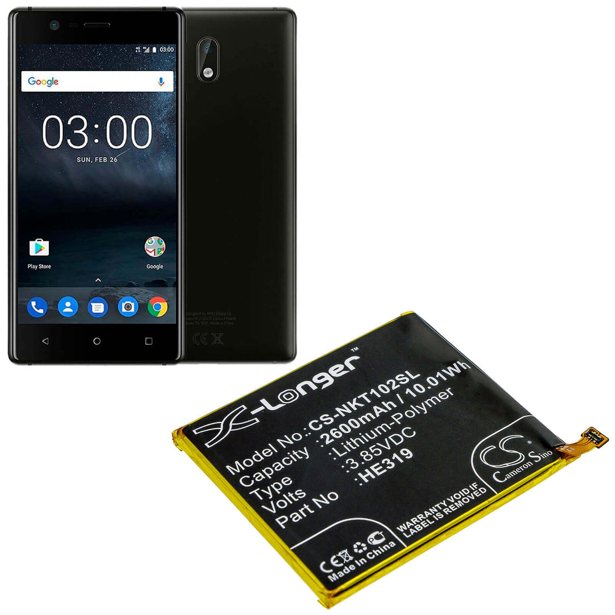 3.85V, Li-Polymer, 2600mAh, SmartPhone battery fits Nokia, He319, Nokia 3, Ta-1020, 10.01Wh Mobile, SmartPhone Cameron Sino Technology Limited (Smartphone)