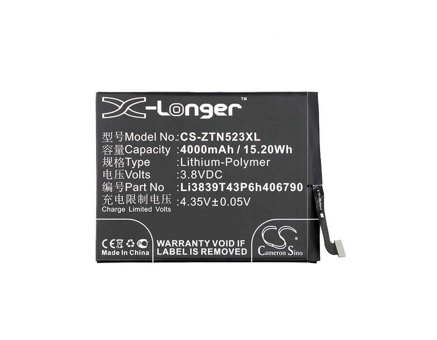 3.8V, Li-Polymer, 4000mAh, SmartPhone battery fits Nubia, Zte, Li3839t43p6h406790, Nx523, Nx523j, 15.2Wh Mobile, SmartPhone Cameron Sino Technology Limited (Smartphone)