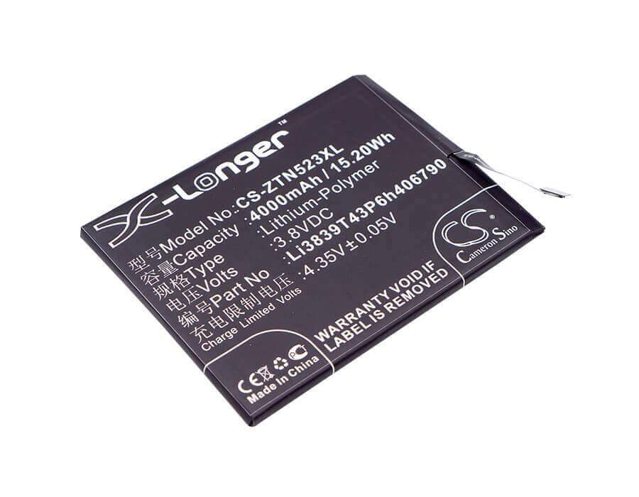 3.8V, Li-Polymer, 4000mAh, SmartPhone battery fits Nubia, Zte, Li3839t43p6h406790, Nx523, Nx523j, 15.2Wh Mobile, SmartPhone Cameron Sino Technology Limited (Smartphone)