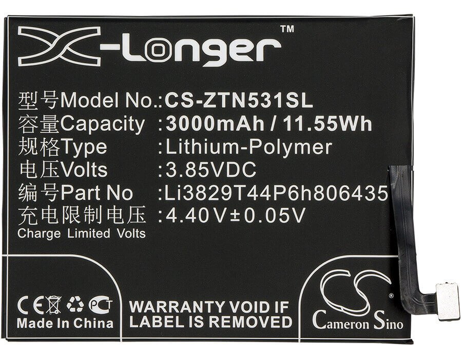 3,85V, Li-Polymer, 3000mAh, batterie de smartphone compatible avec Nubia, Zte, Li3829t44p6h806435, Nx531, Nx531j, 11,55Wh Mobile, Smartphone Cameron Sino Technology Limited (Smartphone)