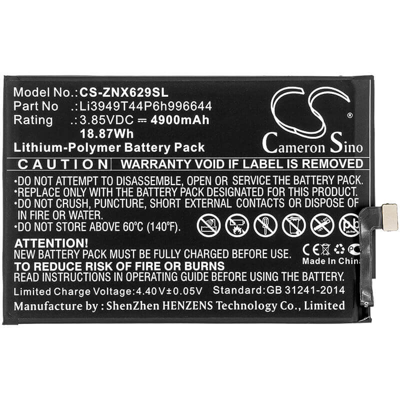 3.85V, Li-Polymer, 4900mAh, SmartPhone battery fits Nubia, Zte, Li3949t44p6h996644, Nx629j, Red Magic 3s, 18.87Wh Mobile, SmartPhone Cameron Sino Technology Limited (Smartphone)