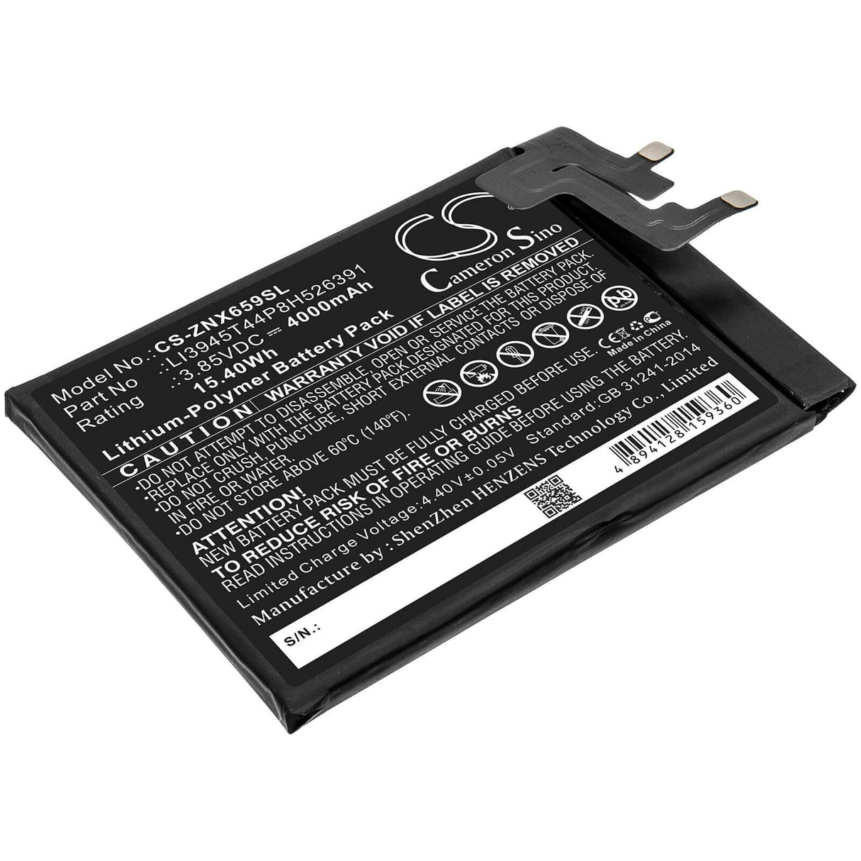 3.85V, Li-Polymer, 4000mAh, SmartPhone battery fits Nubia, Zte, Li3945t44p8h526391, Nx659j, Red Magic 5g, 15.4Wh Mobile, SmartPhone Cameron Sino Technology Limited (Smartphone)