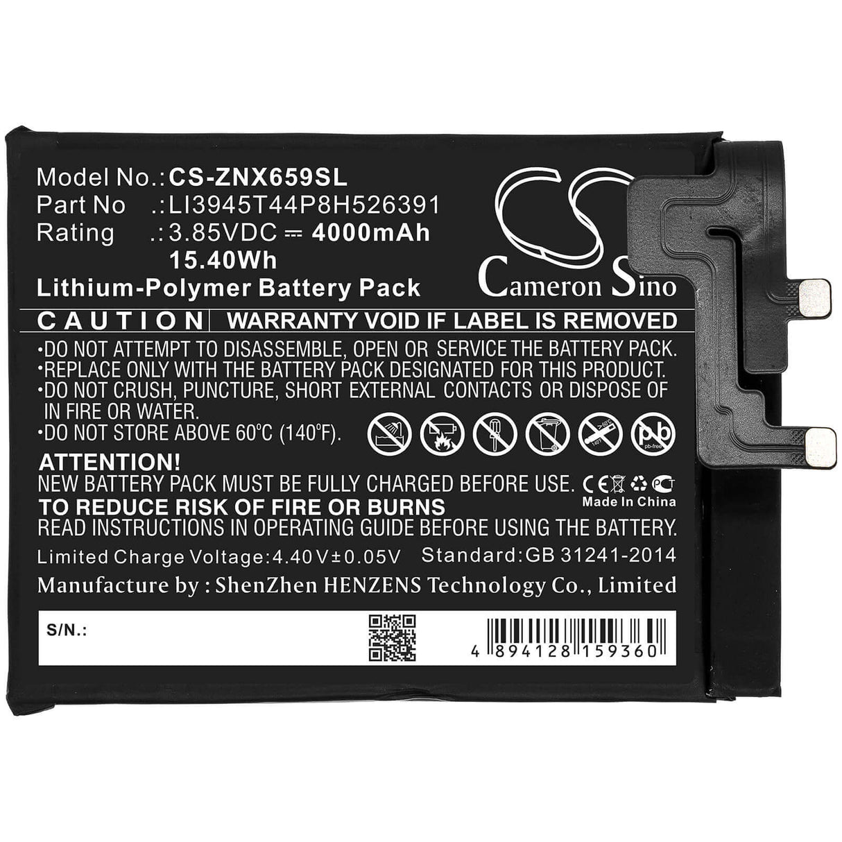 3.85V, Li-Polymer, 4000mAh, SmartPhone battery fits Nubia, Zte, Li3945t44p8h526391, Nx659j, Red Magic 5g, 15.4Wh Mobile, SmartPhone Cameron Sino Technology Limited (Smartphone)
