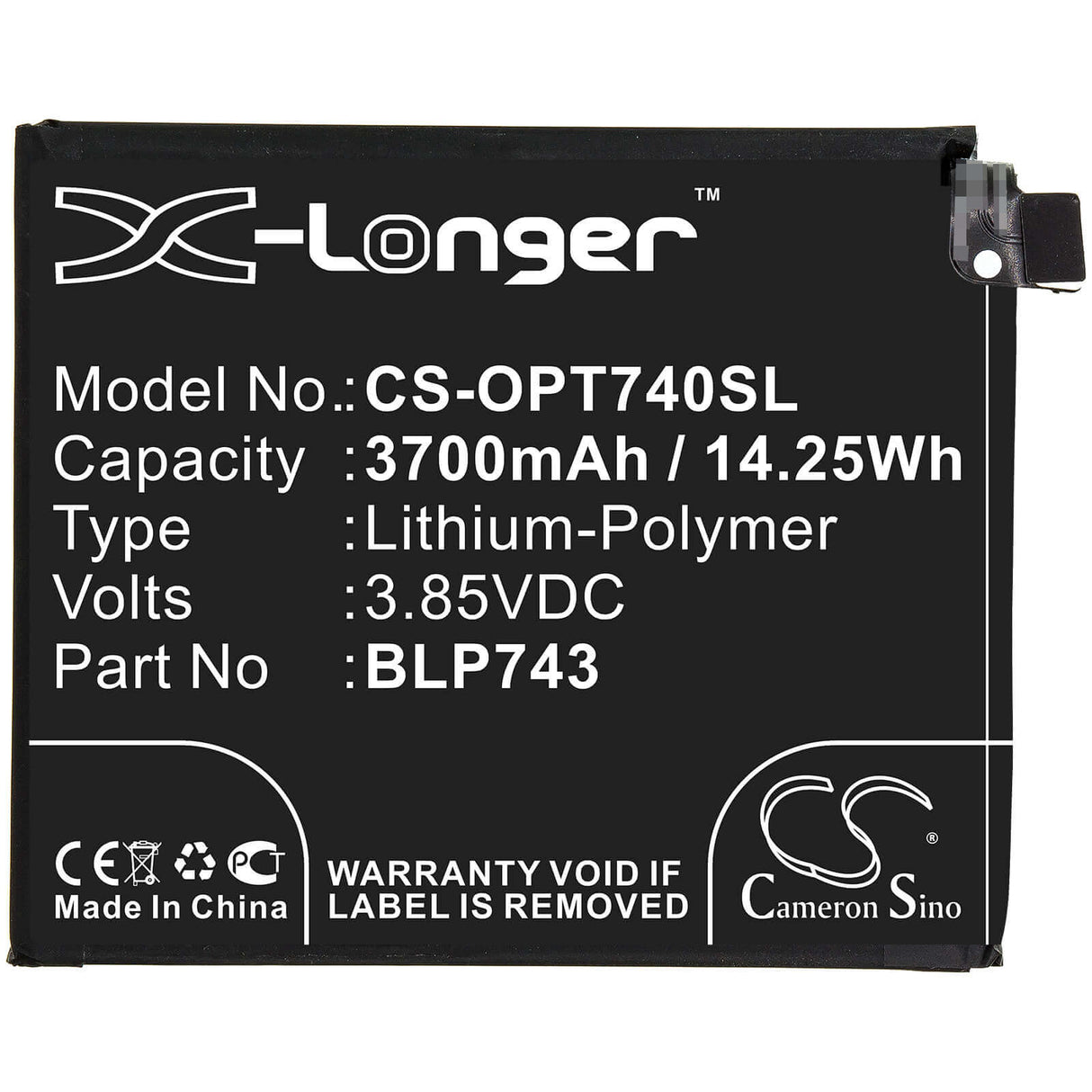 3.85V, Li-Polymer, 3700mAh, SmartPhone battery fits Oneplus, Blp743, 7t, Hd1901, 14.25Wh Mobile, SmartPhone Cameron Sino Technology Limited (Smartphone)