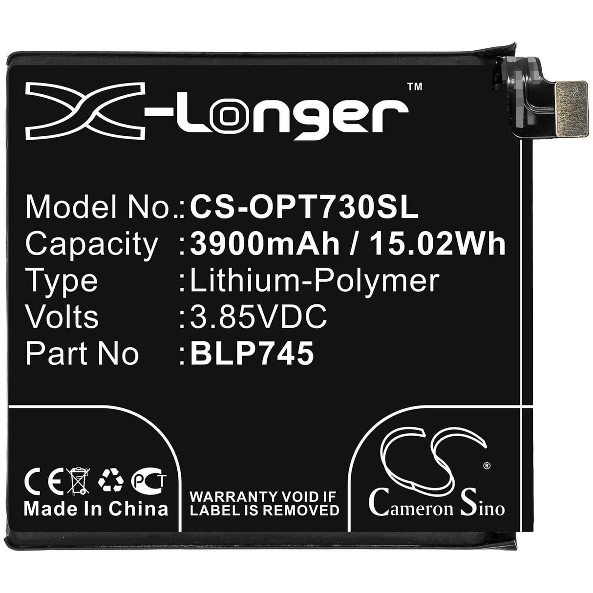 3.85V, Li-Polymer, 3900mAh, SmartPhone battery fits Oneplus, Blp745, 7t Pro, 7t Pro 5g, 15.02Wh Mobile, SmartPhone Cameron Sino Technology Limited (Smartphone)