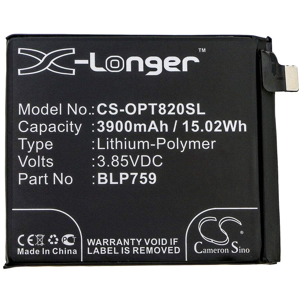 3.85V, Li-Polymer, 3900mAh, SmartPhone battery fits Oneplus, Blp759, 8 Pro, 8 Pro 5g, 15.02Wh Mobile, SmartPhone Cameron Sino Technology Limited (Smartphone)