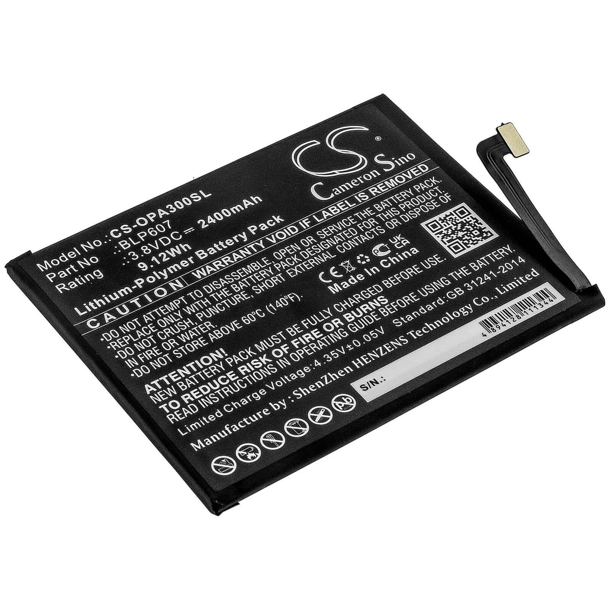 3.8V, Li-Polymer, 2400mAh, SmartPhone battery fits Oneplus, Oppo, Blp607, E1000, E1001, 9.12Wh Mobile, SmartPhone Cameron Sino Technology Limited (Smartphone)