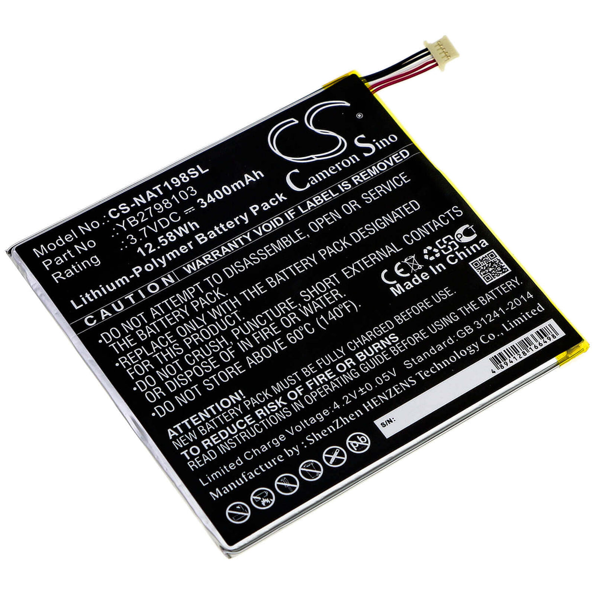 3.7V, Li-Polymer, 3400mAh, Tablet battery fits Onn, Yb2798103, 100005207, Ona19tb002, 12.58Wh Tablet Cameron Sino Technology Limited