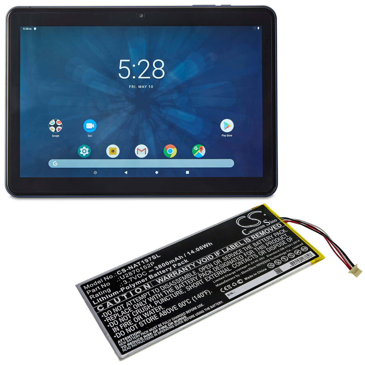 3.7V, Li-Polymer, 3800mAh, Tablet battery fits Onn, U2870152p, Ona19tb003, Ona19tb007, 14.06Wh Tablet Cameron Sino Technology Limited