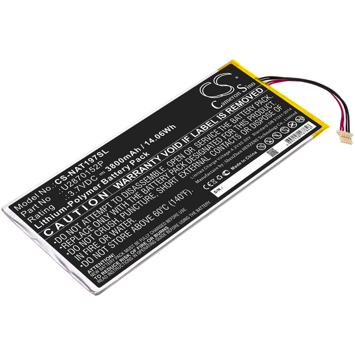 3.7V, Li-Polymer, 3800mAh, Tablet battery fits Onn, U2870152p, Ona19tb003, Ona19tb007, 14.06Wh Tablet Cameron Sino Technology Limited