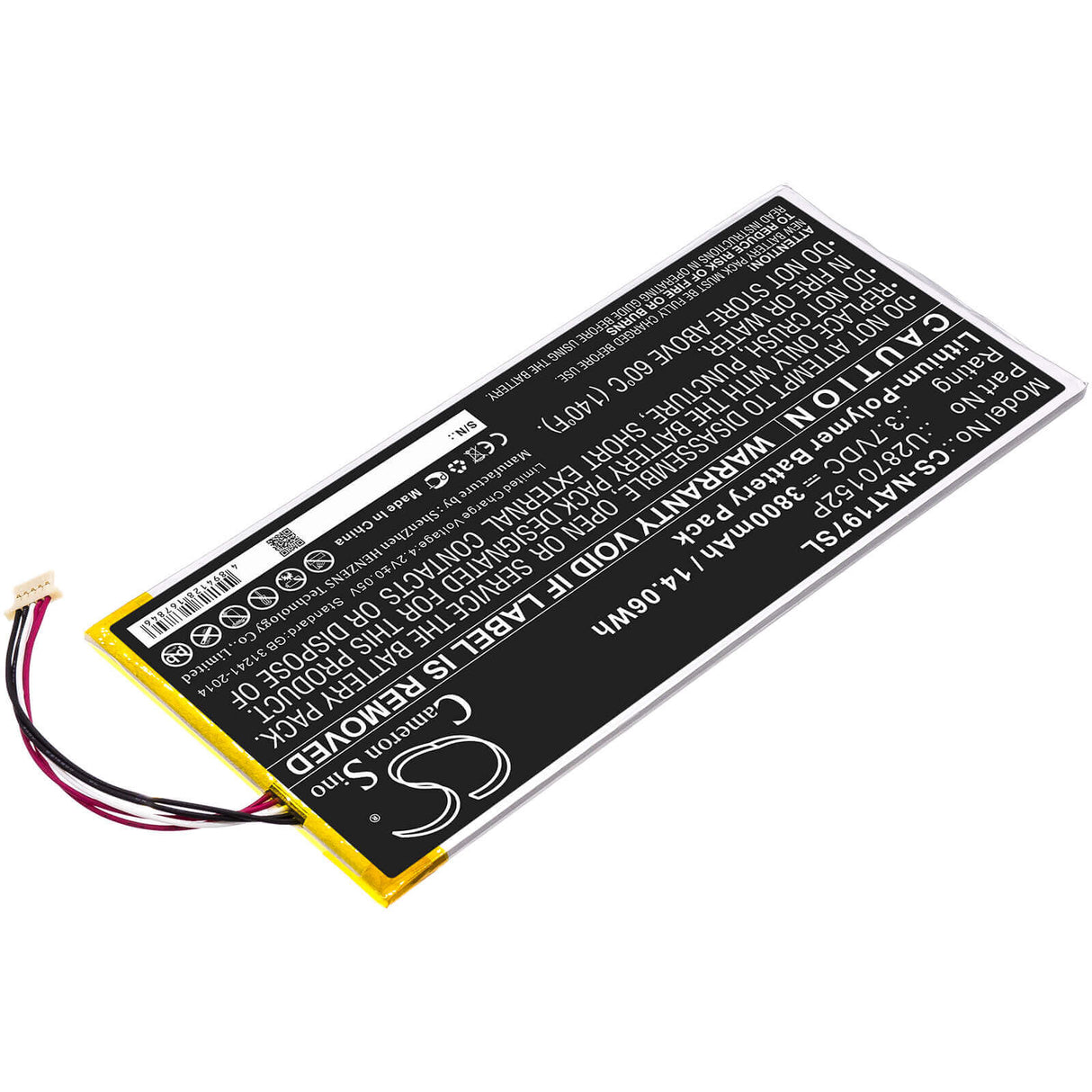 3.7V, Li-Polymer, 3800mAh, Tablet battery fits Onn, U2870152p, Ona19tb003, Ona19tb007, 14.06Wh Tablet Cameron Sino Technology Limited