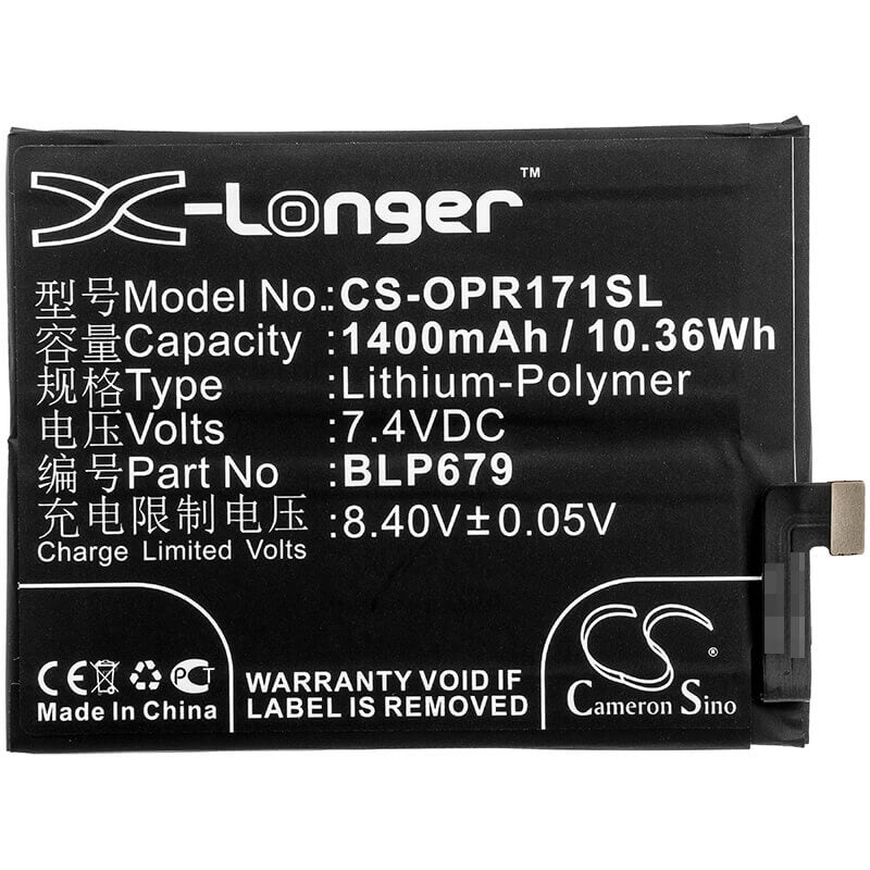 7.4V, Li-Polymer, 1400mAh, SmartPhone battery fits Oppo, Blp679, 1877, Cph1877, 10.36Wh Mobile, SmartPhone Cameron Sino Technology Limited (Smartphone)