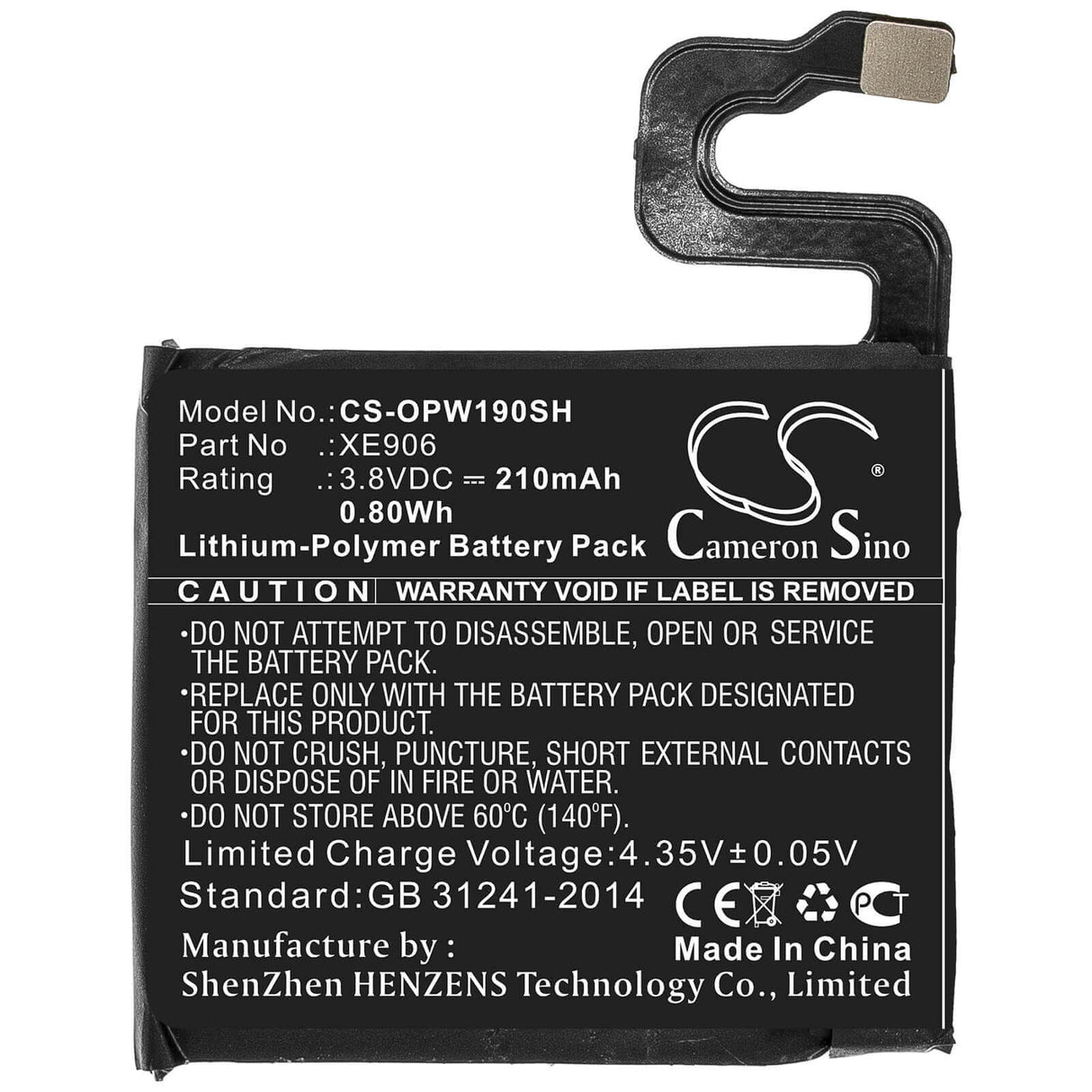 3.8V, Li-Polymer, 210mAh, Smartwatch battery fits Oppo, Xe906, 41mm, Ow19w2, 0.80Wh Smartwatch Cameron Sino Technology Limited