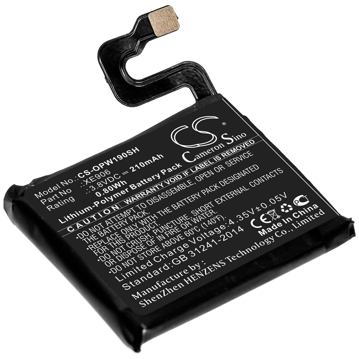 3.8V, Li-Polymer, 210mAh, Smartwatch battery fits Oppo, Xe906, 41mm, Ow19w2, 0.80Wh Smartwatch Cameron Sino Technology Limited
