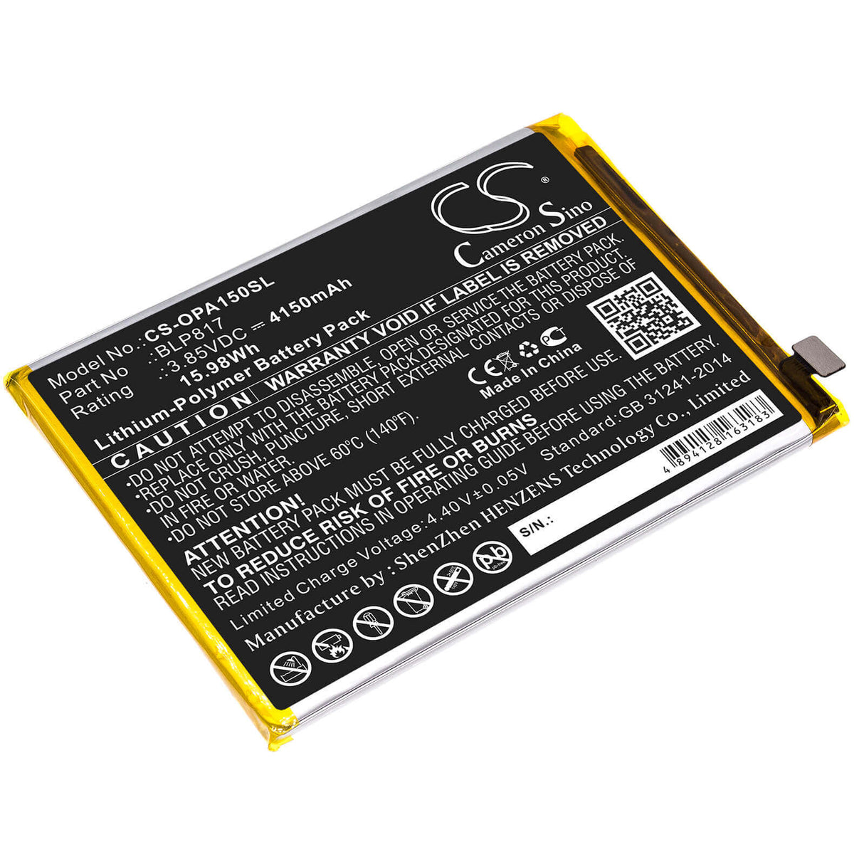 3.85V, Li-Polymer, 4150mAh, SmartPhone battery fits Oppo, Blp817, A15, A15 2020, 15.98Wh Mobile, SmartPhone Cameron Sino Technology Limited (Smartphone)