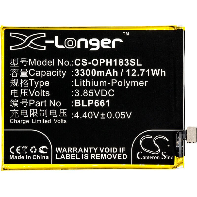 3.85V, Li-Polymer, 3300mAh, SmartPhone battery fits Oppo, Blp661, A3, A3 Dual Sim, 12.71Wh Mobile, SmartPhone Cameron Sino Technology Limited (Smartphone)