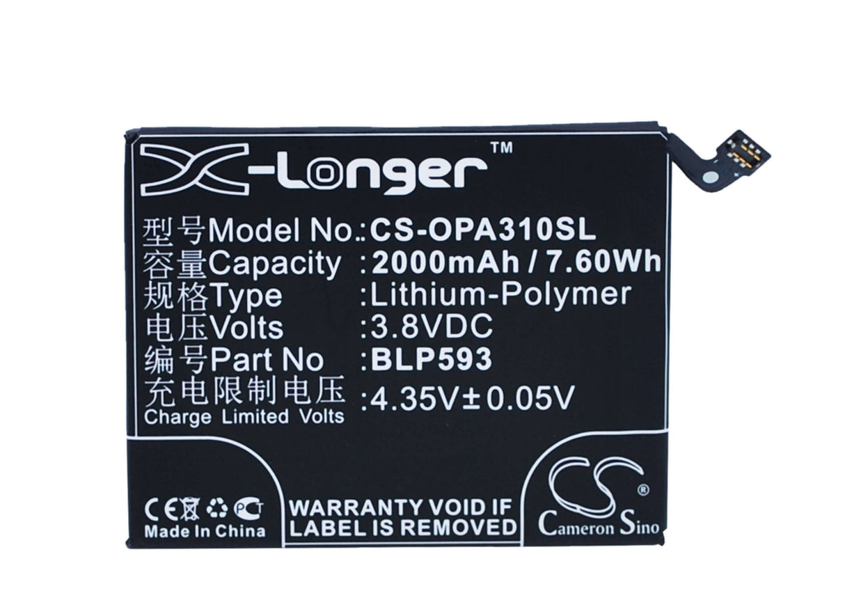 3,8V, Li-Polymer, 2000mAh, batterie de smartphone compatible avec Oppo, Blp593, A31, A31c, 7,6Wh Mobile, SmartPhone Cameron Sino Technology Limited (Suspendu)