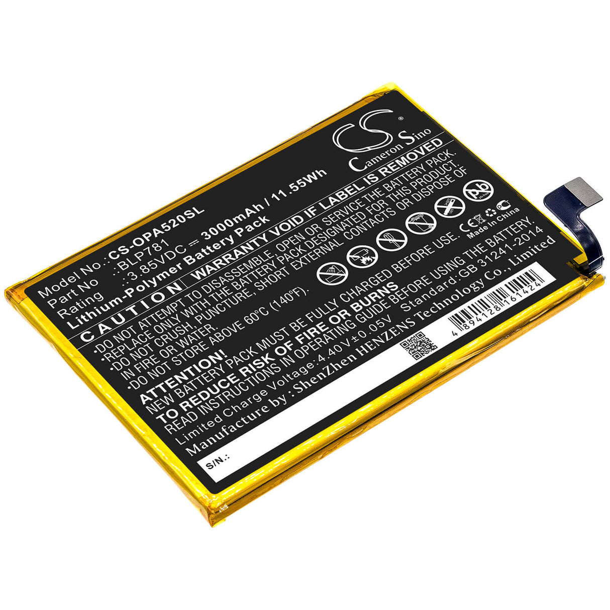 3.85V, Li-Polymer, 3000mAh, SmartPhone battery fits Oppo, Blp781, A52, Cph2061, 11.55Wh Mobile, SmartPhone Cameron Sino Technology Limited (Smartphone)