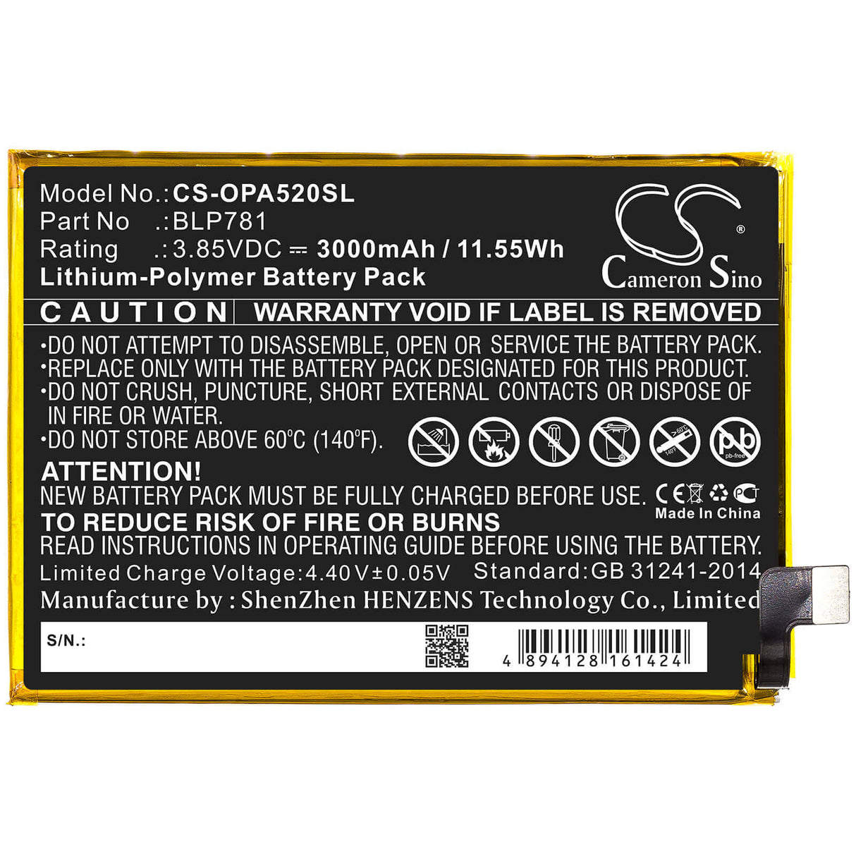 3.85V, Li-Polymer, 3000mAh, SmartPhone battery fits Oppo, Blp781, A52, Cph2061, 11.55Wh Mobile, SmartPhone Cameron Sino Technology Limited (Smartphone)