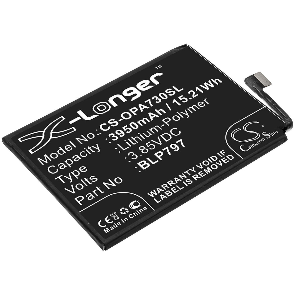 3.85V, Li-Polymer, 3950mAh, SmartPhone battery fits Oppo, Blp797, A72 5g, A73 5g, 15.21Wh Mobile, SmartPhone Cameron Sino Technology Limited (Smartphone)