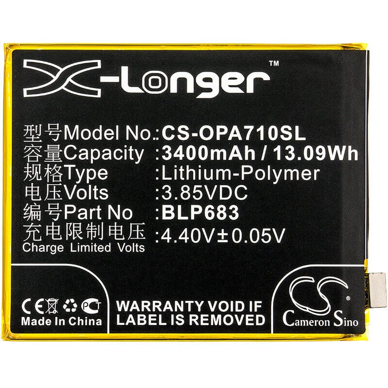 3.85V, Li-Polymer, 3400mAh, SmartPhone battery fits Oppo, Blp683, A7x, A7x Dual Sim, 13.09Wh Mobile, SmartPhone Cameron Sino Technology Limited (Smartphone)