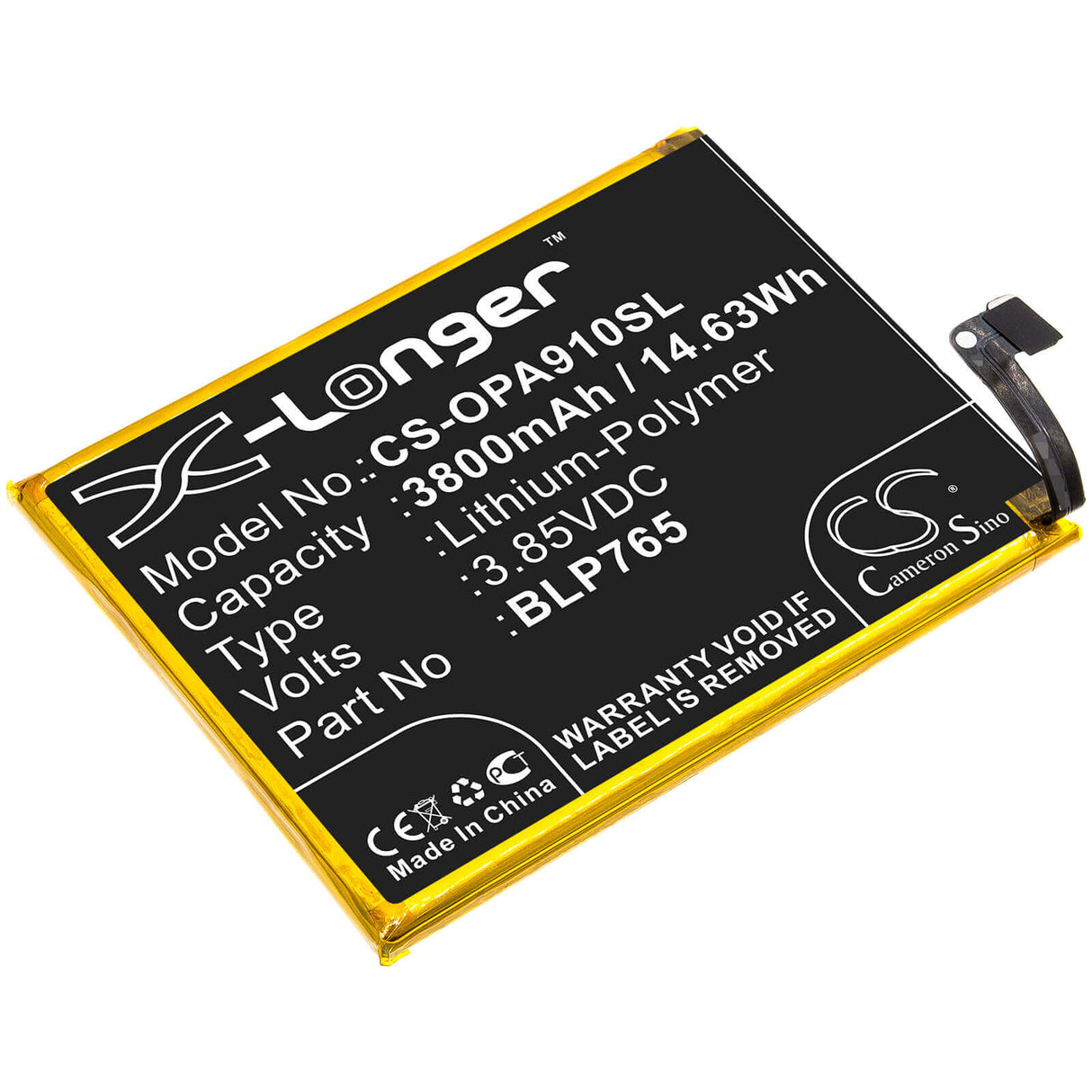 3.85V, Li-Polymer, 3800mAh, SmartPhone battery fits Oppo, Blp765, A91, Cph2001, 14.63Wh Mobile, SmartPhone Cameron Sino Technology Limited (Smartphone)