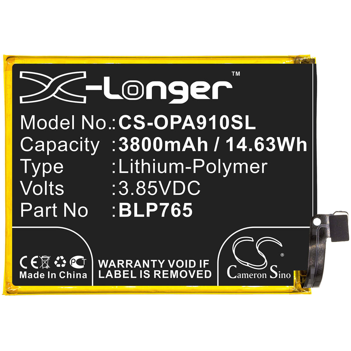3.85V, Li-Polymer, 3800mAh, SmartPhone battery fits Oppo, Blp765, A91, Cph2001, 14.63Wh Mobile, SmartPhone Cameron Sino Technology Limited (Smartphone)