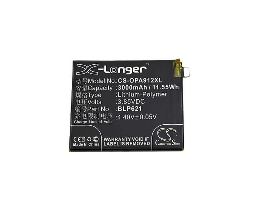 3.85V, Li-Polymer, 3000mAh, SmartPhone battery fits Oppo, Blp621, Cph1607, R9s, 11.55Wh Mobile, SmartPhone Cameron Sino Technology Limited (Smartphone)