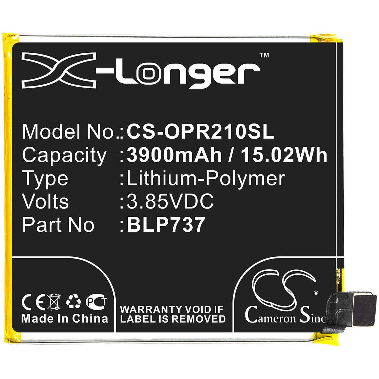 3.85V, Li-Polymer, 3900mAh, SmartPhone battery fits Oppo, Blp737, Cph1945, Cph1951, 15.02Wh Mobile, SmartPhone Cameron Sino Technology Limited (Smartphone)
