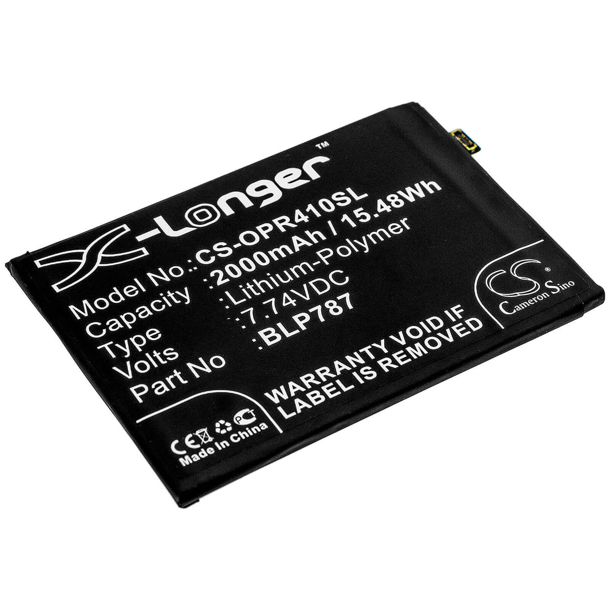 7.74V, Li-Polymer, 2000mAh, SmartPhone battery fits Oppo, Blp787, Cph2109, Reno4 Pro 4g, 15.48Wh Mobile, SmartPhone Cameron Sino Technology Limited (Smartphone)