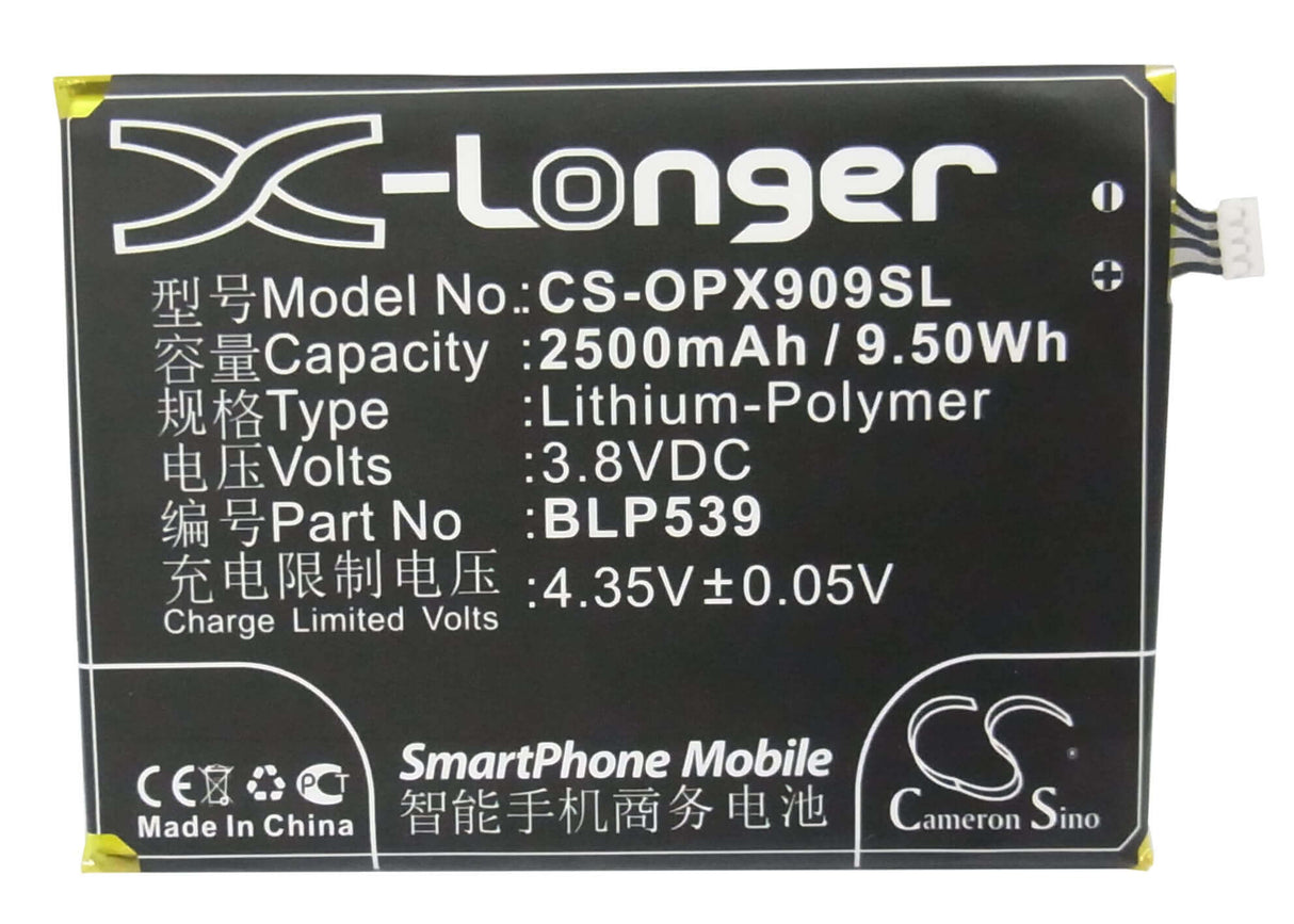 3.8V, Li-Polymer, 2500mAh, SmartPhone battery fits Oppo, Blp539, Find 5, X909, 9.5Wh Mobile, SmartPhone Cameron Sino Technology Limited (Smartphone)