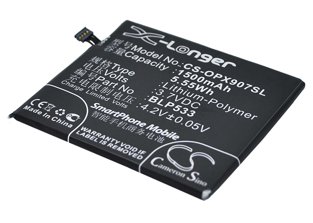 3.7V, Li-Polymer, 1500mAh, SmartPhone battery fits Oppo, Blp533, Finder, X907, 5.55Wh Mobile, SmartPhone Cameron Sino Technology Limited (Smartphone)