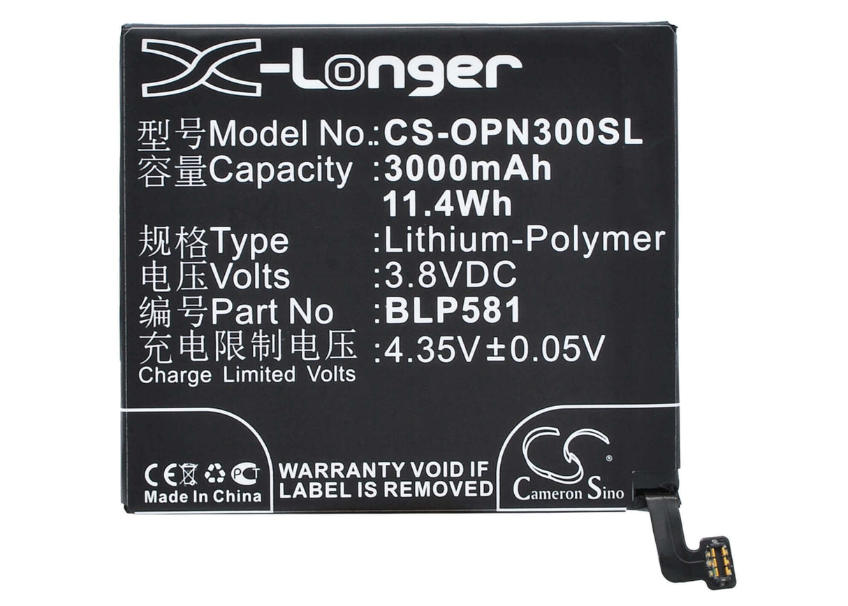 3.8V, Li-Polymer, 3000mAh, SmartPhone battery fits Oppo, Blp581, N3, N3 Dual Sim, 11.4Wh Mobile, SmartPhone Cameron Sino Technology Limited (Smartphone)