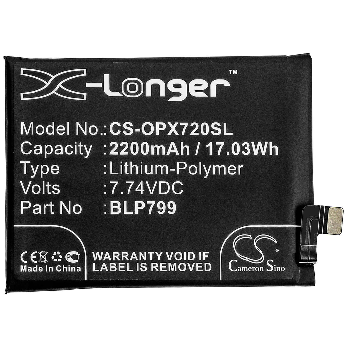 7.74V, Li-Polymer, 2200mAh, SmartPhone battery fits Oppo, Blp799, R2121, Realme X7 Pro 5g, 17.03Wh Mobile, SmartPhone Cameron Sino Technology Limited (Smartphone)