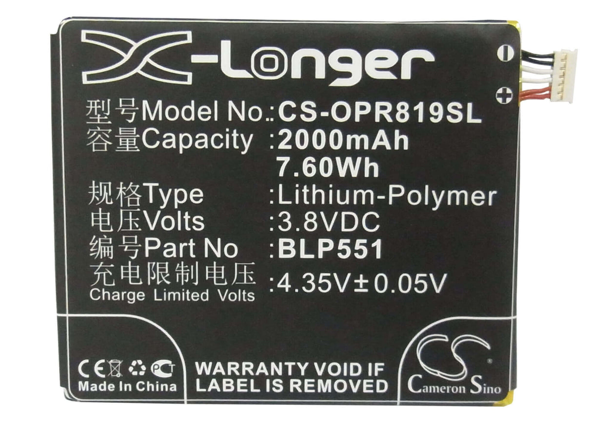 3,8V, Li-Polymère, 2000mAh, Batterie de smartphone compatible avec Oppo, Blp551, Find Mirror, Find Muse, 7,6Wh Mobile, Smartphone Cameron Sino Technology Limited (Suspendu)