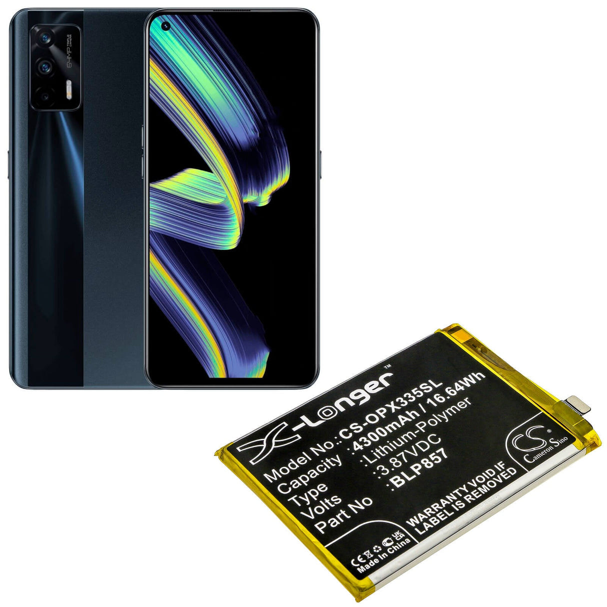 3.87V, Li-Polymer, 4300mAh, SmartPhone battery fits Oppo, Blp857, Realme Gt Neo, Realme Gt Neo 5g 2021, 16.64Wh Mobile, SmartPhone Cameron Sino Technology Limited (Smartphone)