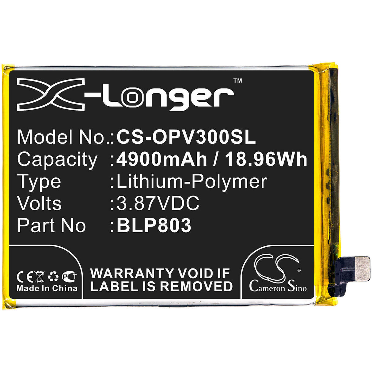 3,87V, Li-Polymère, 4900mAh, batterie de smartphone compatible avec Oppo, Blp803, Realme V3, 18,96Wh Mobile, Smartphone Cameron Sino Technology Limited (Smartphone)