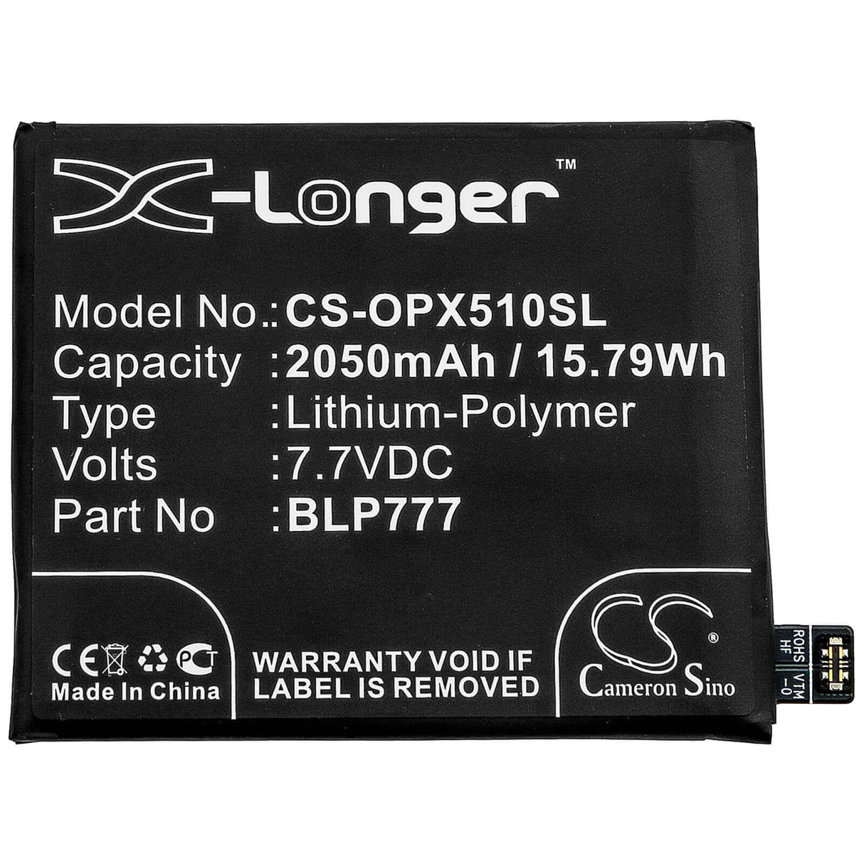 7.7V, Li-Polymer, 2050mAh, SmartPhone battery fits Oppo, Blp777, Realme X50 Pro 5g, Rmx2072, 15.79Wh Mobile, SmartPhone Cameron Sino Technology Limited (Smartphone)