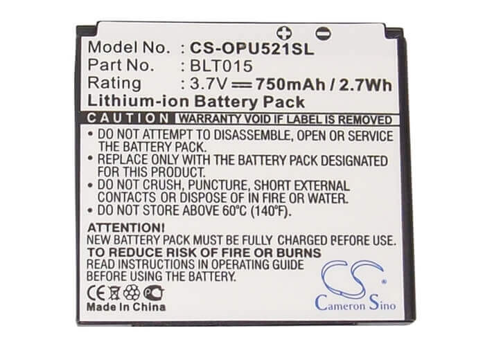 3.7V, Li-ion, 750mAh, SmartPhone battery fits Oppo, Blt015, U521, 2.78Wh Mobile, SmartPhone Cameron Sino Technology Limited (Suspended)