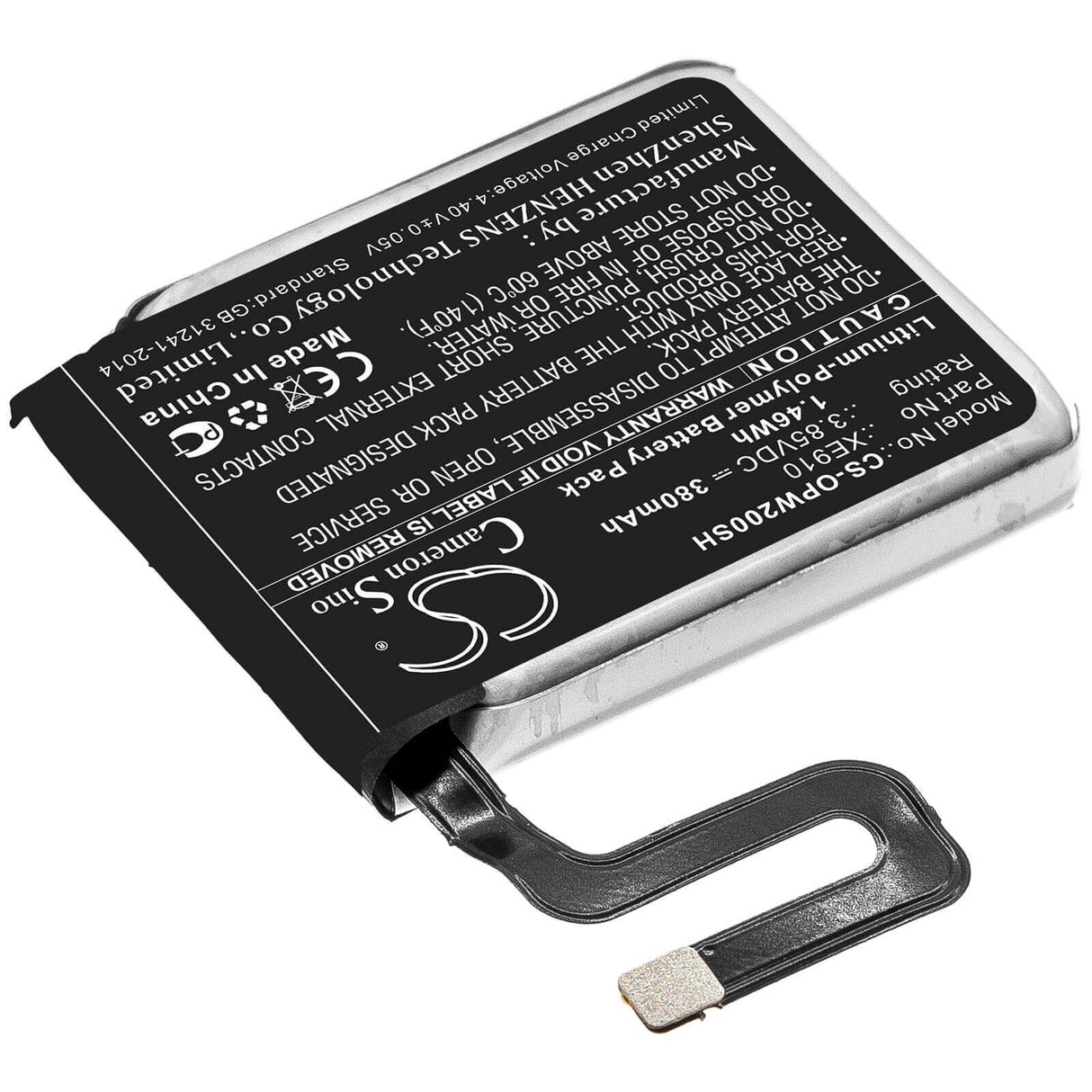 3.85V, Li-Polymer, 380mAh, Smartwatch battery fits Oppo, Xe910, Watch 46mm, 1.46Wh Smartwatch Cameron Sino Technology Limited