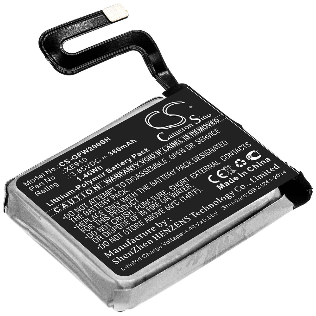 3.85V, Li-Polymer, 380mAh, Smartwatch battery fits Oppo, Xe910, Watch 46mm, 1.46Wh Smartwatch Cameron Sino Technology Limited