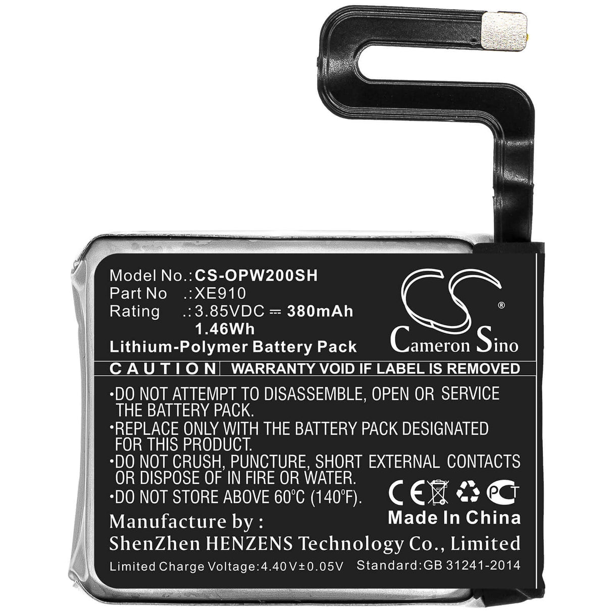 3.85V, Li-Polymer, 380mAh, Smartwatch battery fits Oppo, Xe910, Watch 46mm, 1.46Wh Smartwatch Cameron Sino Technology Limited