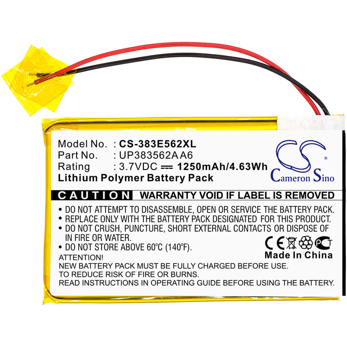 3.7V, Li-Polymer, 1250mAh, PDA battery fits Palm, Up383562a A6, Tungsten E, 4.63Wh PDA, Pocket PC Cameron Sino Technology Limited