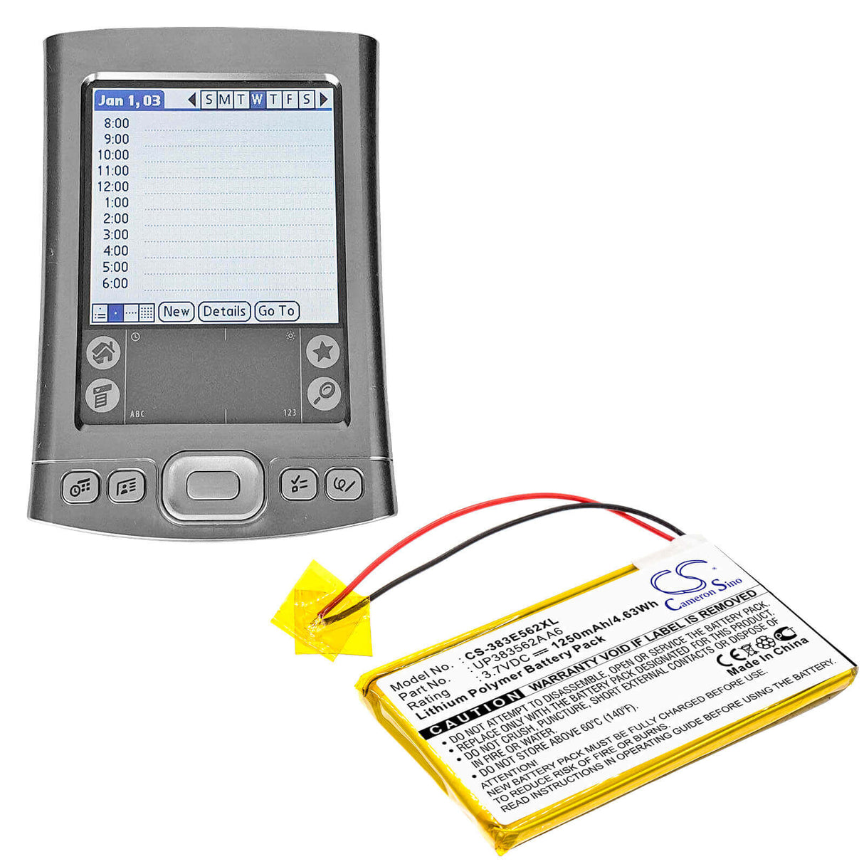 3.7V, Li-Polymer, 1250mAh, PDA battery fits Palm, Up383562a A6, Tungsten E, 4.63Wh PDA, Pocket PC Cameron Sino Technology Limited