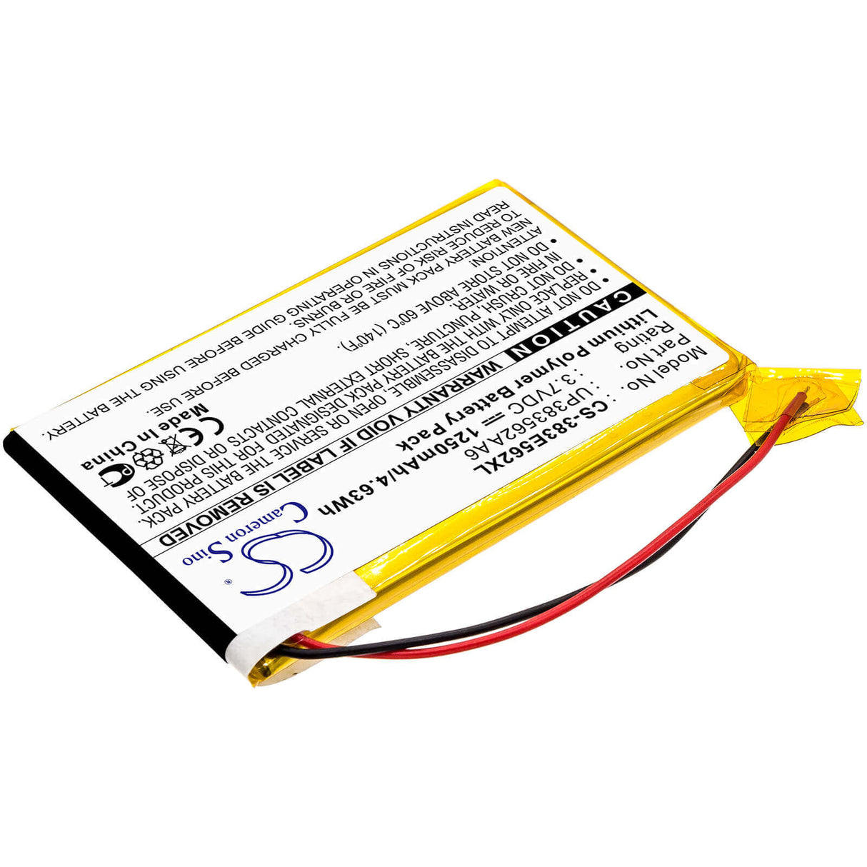 3.7V, Li-Polymer, 1250mAh, PDA battery fits Palm, Up383562a A6, Tungsten E, 4.63Wh PDA, Pocket PC Cameron Sino Technology Limited