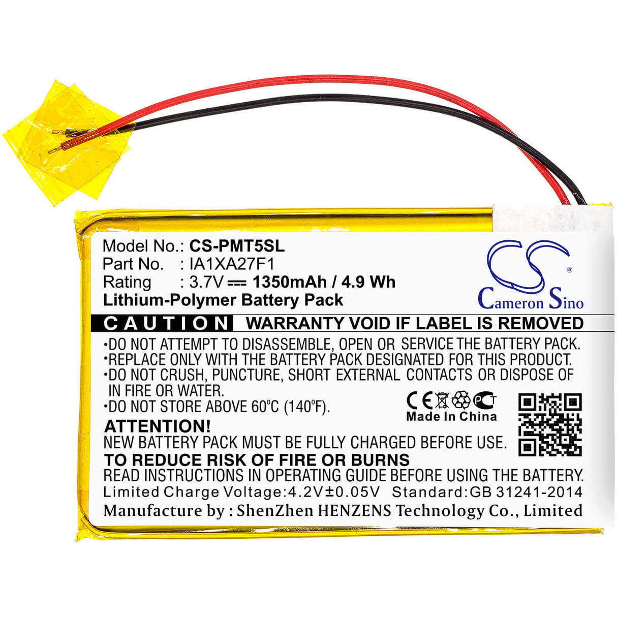 3,7V, Li-Polymer, 1350mAh, batterie PDA compatible avec Palm, Ia1xa27f1, Tungsten T5, 5Wh PDA, Pocket PC Cameron Sino Technology Limited