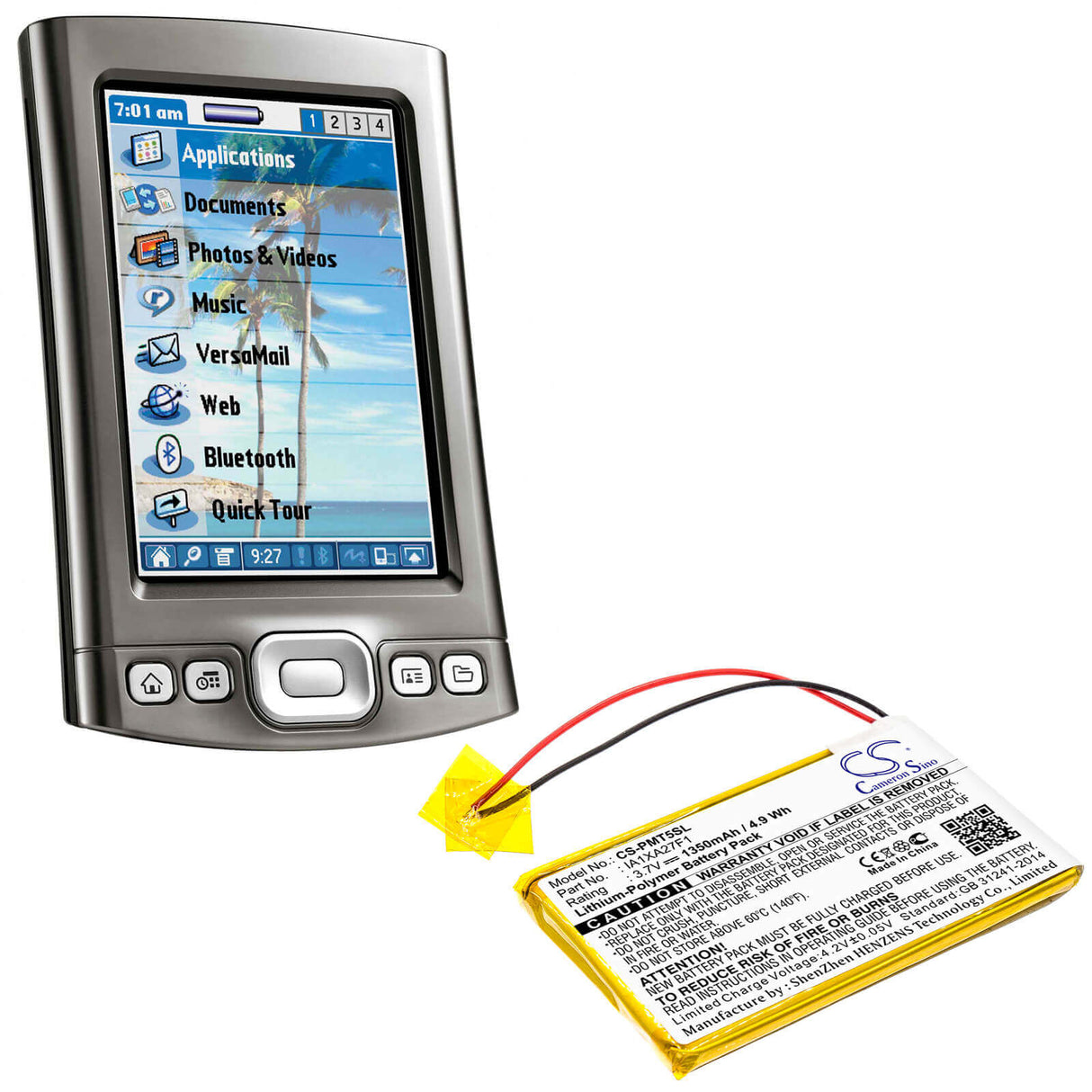 3,7V, Li-Polymer, 1350mAh, batterie PDA compatible avec Palm, Ia1xa27f1, Tungsten T5, 5Wh PDA, Pocket PC Cameron Sino Technology Limited