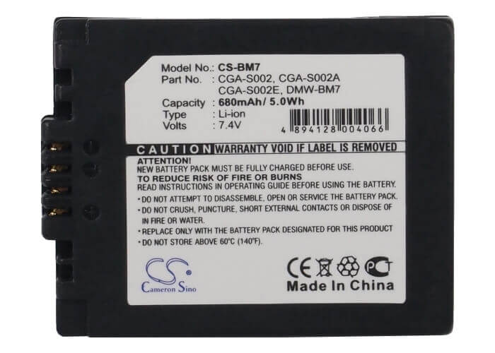 7.4V, Li-ion, 680mAh, Camera battery fits Panasonic, Cga-s002, Dmc-fz10, Dmc-fz10eb, 5.032Wh Camera Cameron Sino Technology Limited (Camera)