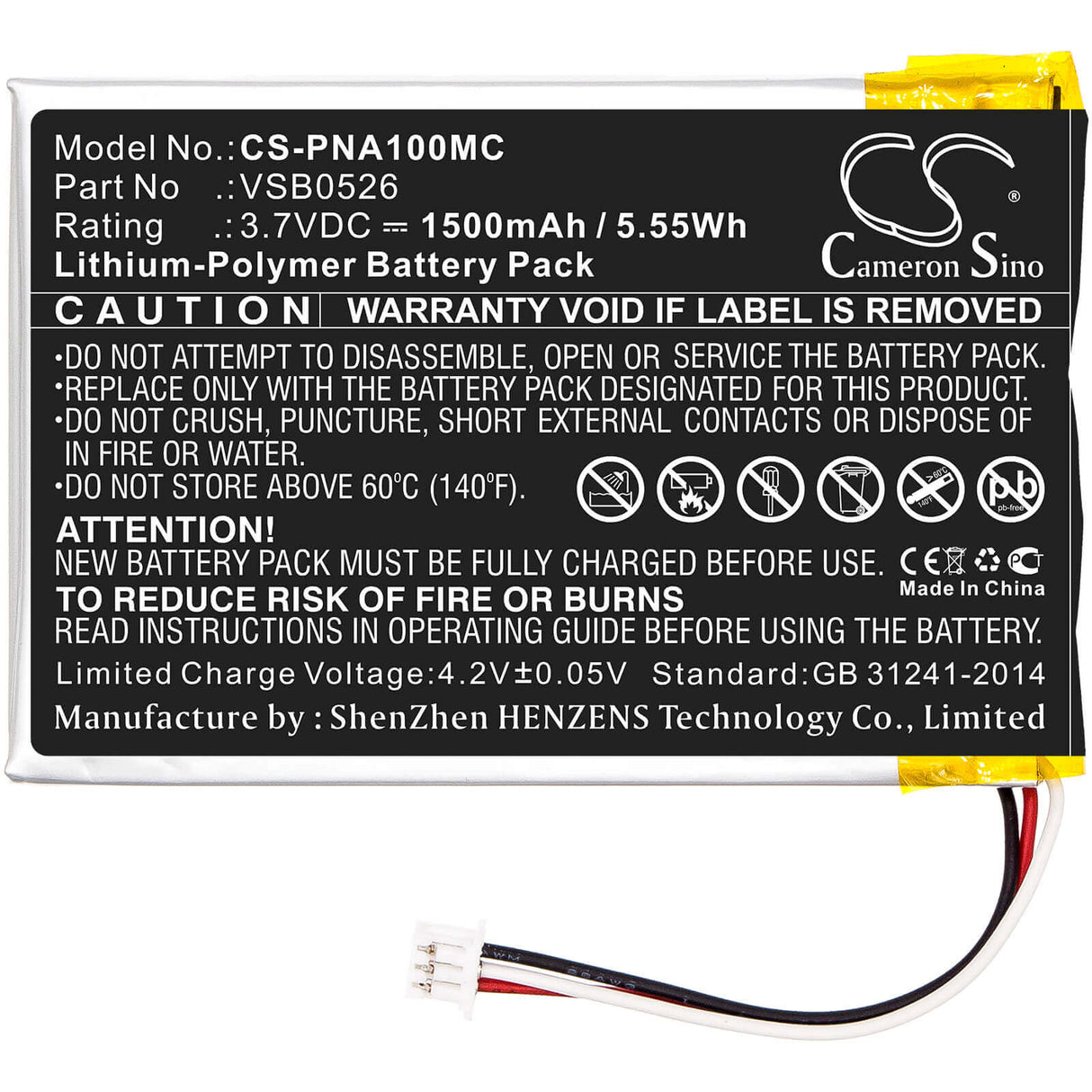 3.7V, Li-Polymer, 1500mAh, Camera battery fits Panasonic, Vsb0526, Hx-a100, Hx-a100-h, 5.55Wh Camera Cameron Sino Technology Limited (Camera)