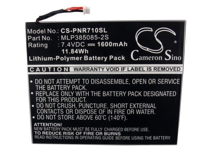 7.4V, Li-Polymer, 1600mAh, E-book, E-reader battery fits Velocity, Pandigital, Mlp385085-2s, Multimedia Novel 7", Novel Hacking, 11.84Wh E-book, E-reader Cameron Sino Technology Limited